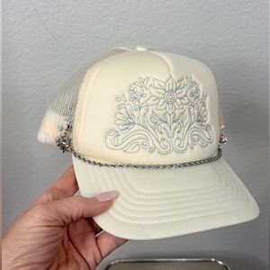 Shyanne Cream Trucker Hat with Silver Embroidery & Chain Embellishments O/S